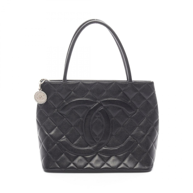 香奈兒 (CHANEL) Medallion 手提包，粒面小牛皮，黑色，銀色五金，二手，女士 CC-0