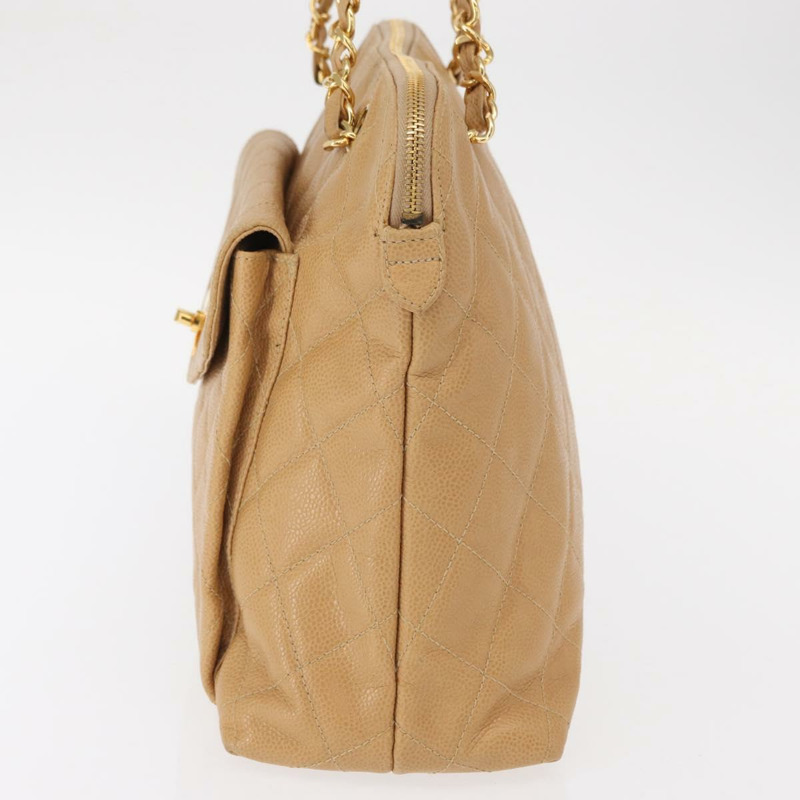 【日本直送】香奈兒鏈絎縫肩背包 魚子醬紋米色金色CC標誌 正品 ka904V-2