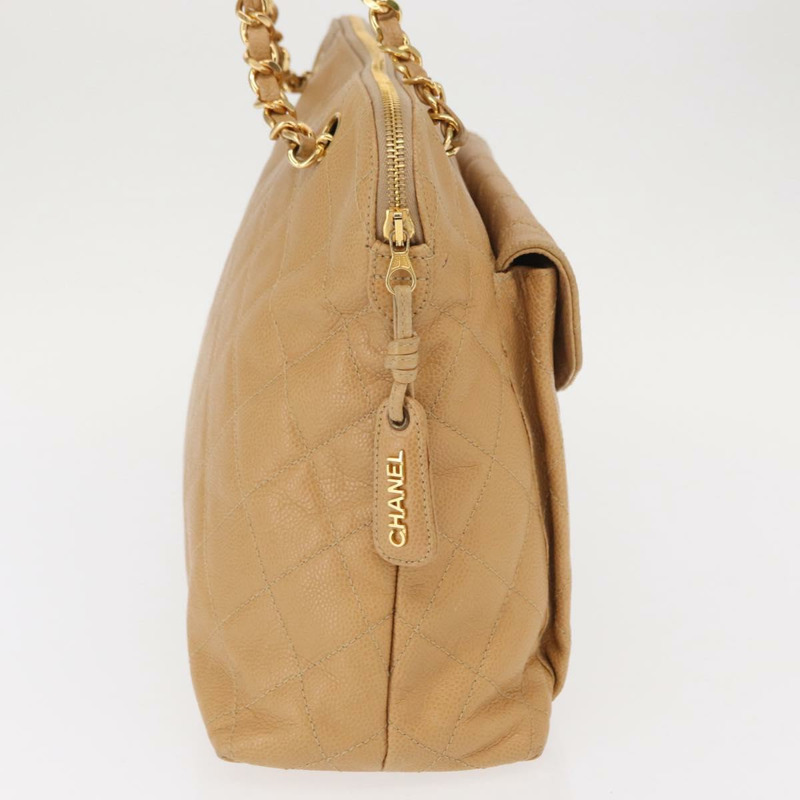 【日本直送】香奈兒鏈絎縫肩背包 魚子醬紋米色金色CC標誌 正品 ka904V-3