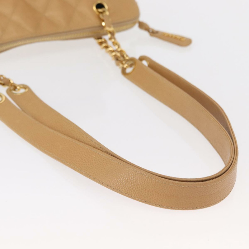 【日本直送】香奈兒鏈絎縫肩背包 魚子醬紋米色金色CC標誌 正品 ka904V-6