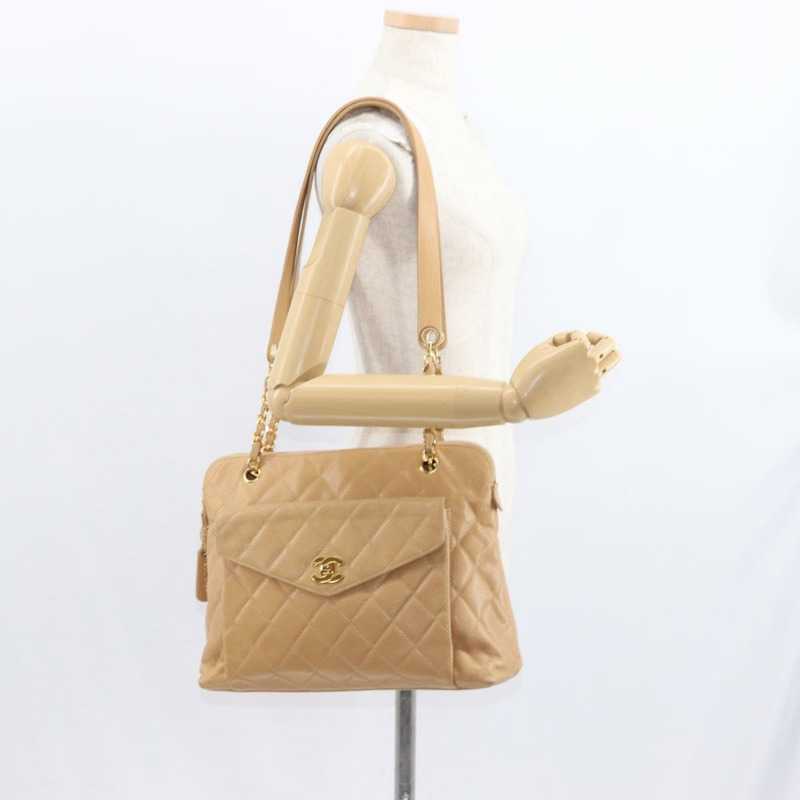 【日本直送】香奈兒鏈絎縫肩背包 魚子醬紋米色金色CC標誌 正品 ka904V-27