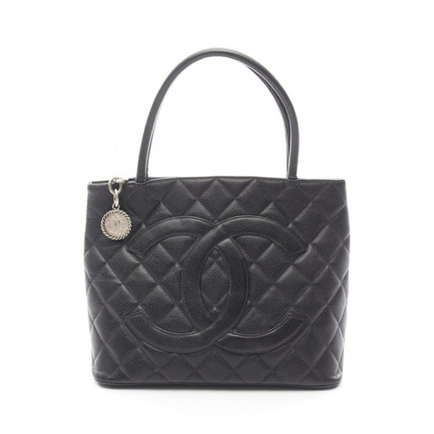 香奈兒 (CHANEL) Medallion Tote Handbag A01804 皮革粒面小牛皮 黑色 SHW 二手 CC