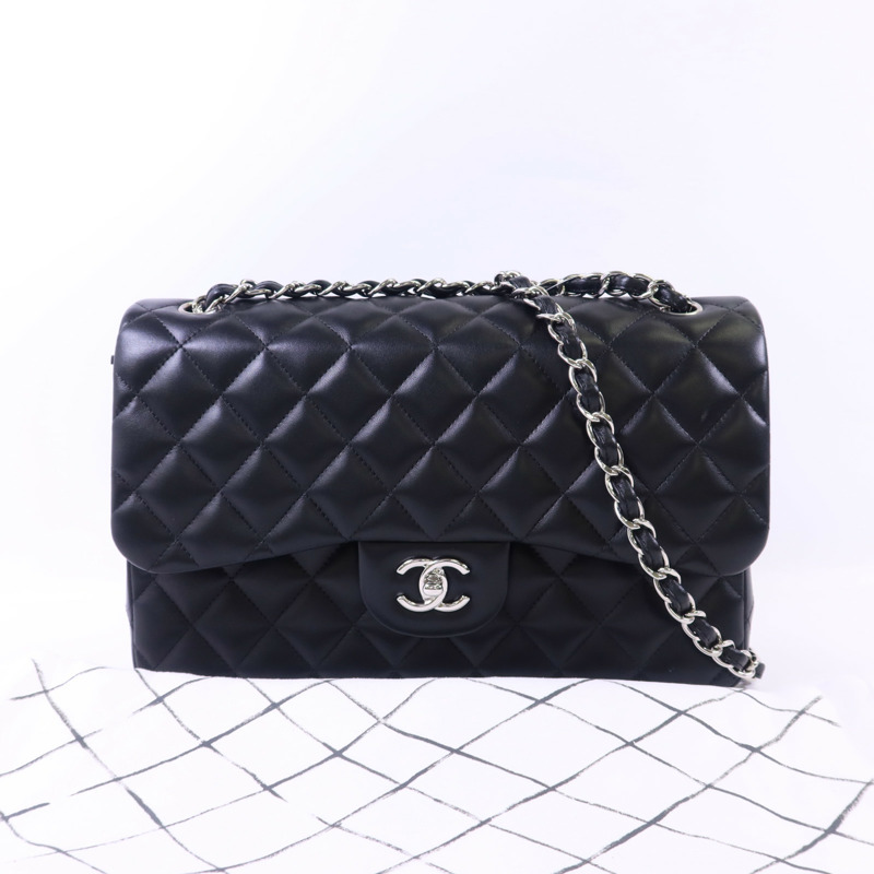 CHANEL 羊皮皮革Large Classic 銀扣鏈帶肩背袋-15