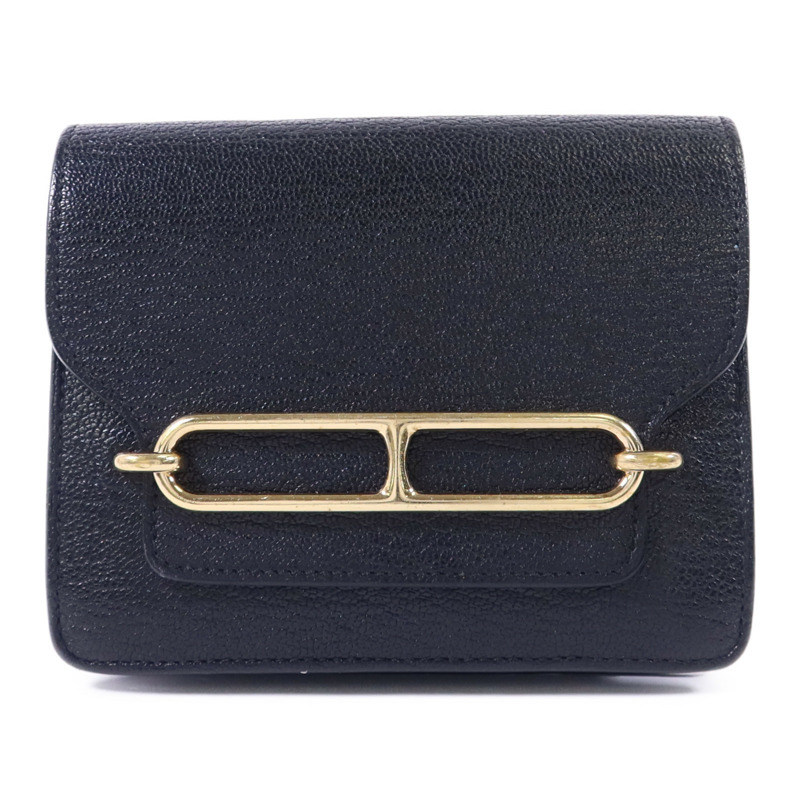 HERMES Chevre Mysore皮革Roulis Slim金扣錢包Noir-0