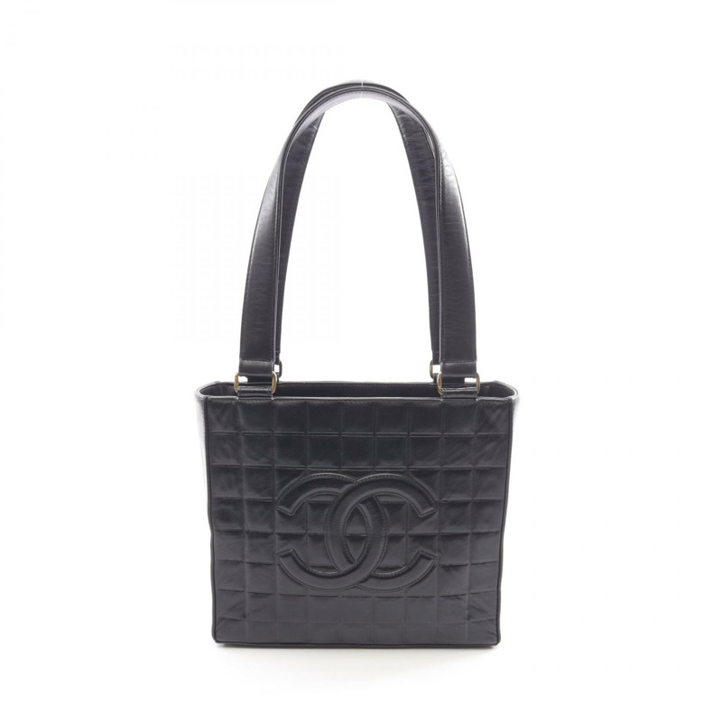 香奈兒巧克力棒單肩托特包,羊皮材質,黑色,金色五金,二手,Coco CC標誌-0