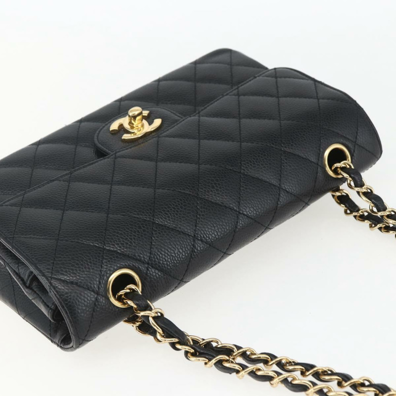 【日本直送】香奈兒 Chain Matelasse 23 單肩包，魚子醬紋皮革，黑色，金色雙C標誌，正品編號 151823SM-5