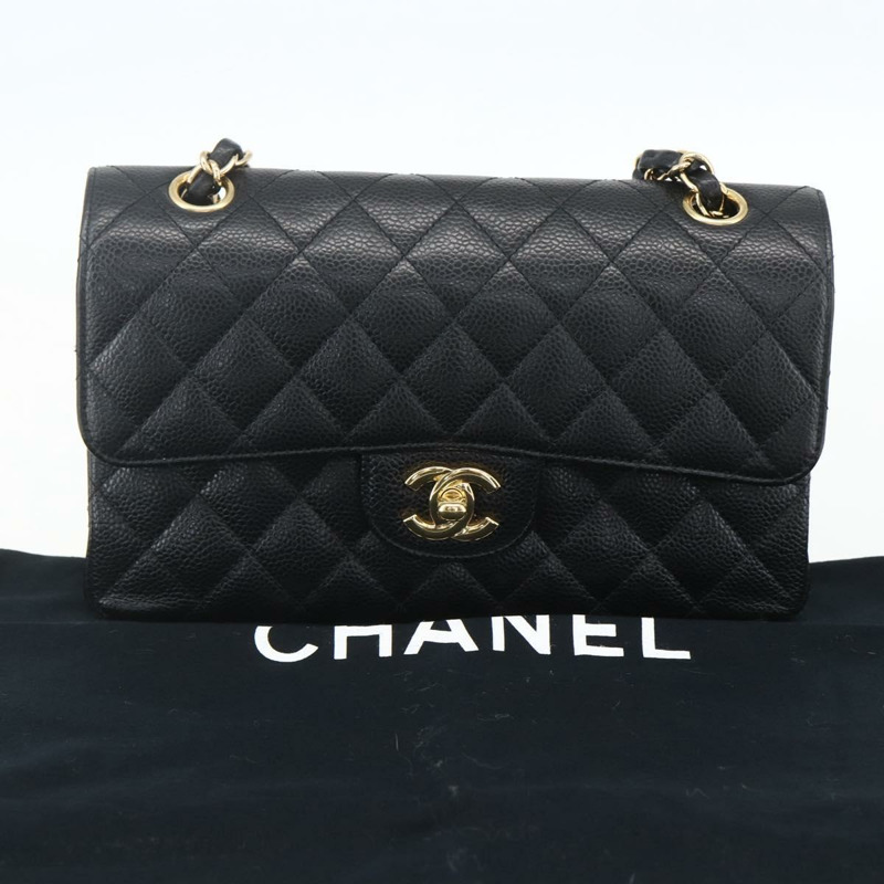 【日本直送】香奈兒 Chain Matelasse 23 單肩包，魚子醬紋皮革，黑色，金色雙C標誌，正品編號 151823SM-11