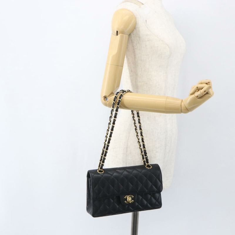 【日本直送】香奈兒 Chain Matelasse 23 單肩包，魚子醬紋皮革，黑色，金色雙C標誌，正品編號 151823SM-23