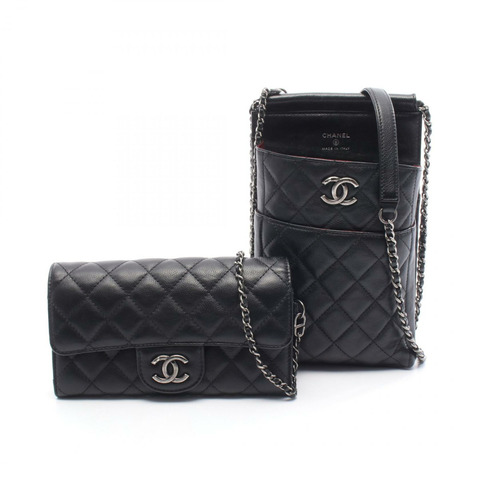香奈兒 (CHANEL) Matelasse CC 迷你服務員鏈肩挎包，黑色皮革，銀色五金，二手