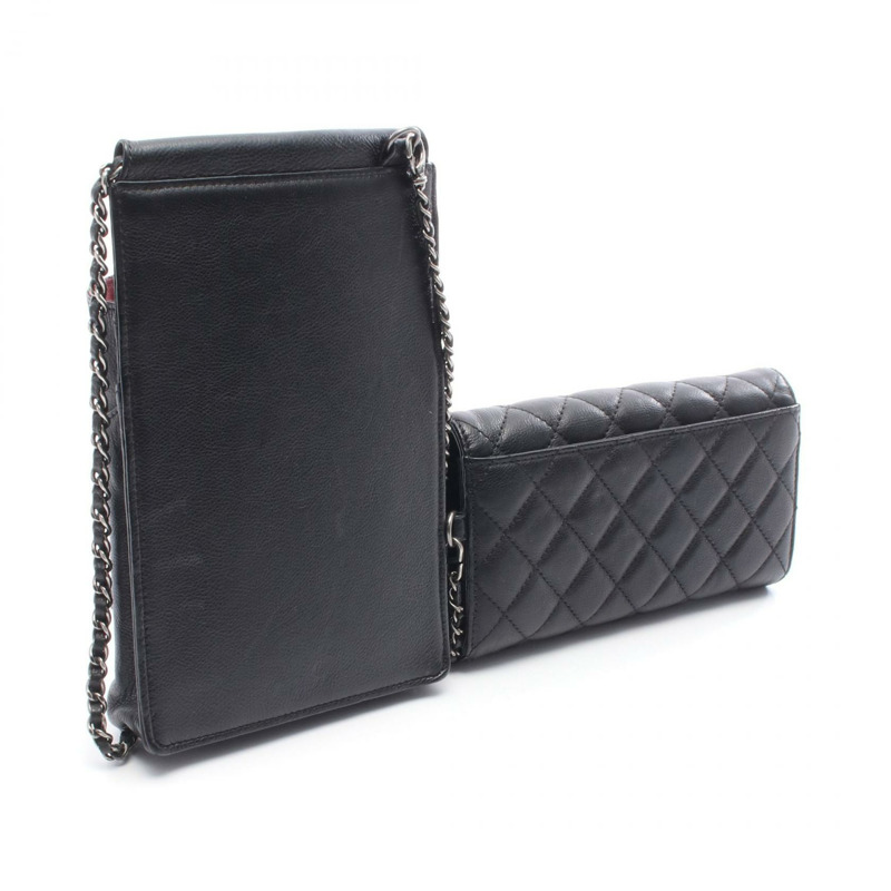 香奈兒 (CHANEL) Matelasse CC 迷你服務員鏈肩挎包，黑色皮革，銀色五金，二手-1