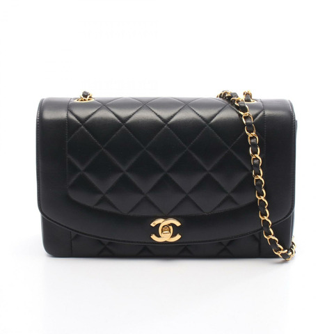 香奈兒 (CHANEL) 絎縫 Diana 翻蓋鏈條肩背斜背包 黑色皮革 金色五金 二手