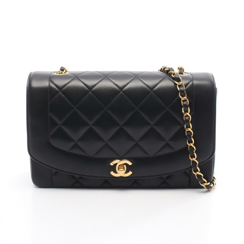 香奈兒 (CHANEL) 絎縫 Diana 翻蓋鏈條肩背斜背包 黑色皮革 金色五金 二手-0