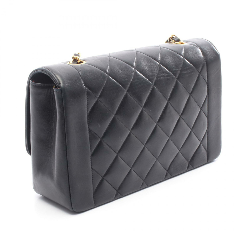 香奈兒 (CHANEL) 絎縫 Diana 翻蓋鏈條肩背斜背包 黑色皮革 金色五金 二手-1