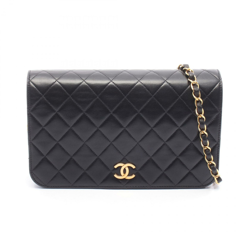 香奈兒 (CHANEL) 絎縫全蓋鏈條肩背包，羊皮材質，黑色，金色五金，二手 CC-0