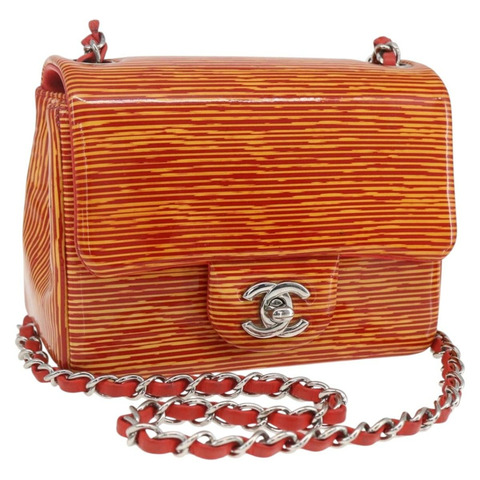 香奈兒鏈條單背包 漆皮 橘色 銀色 CC 標誌 Auth 157394V