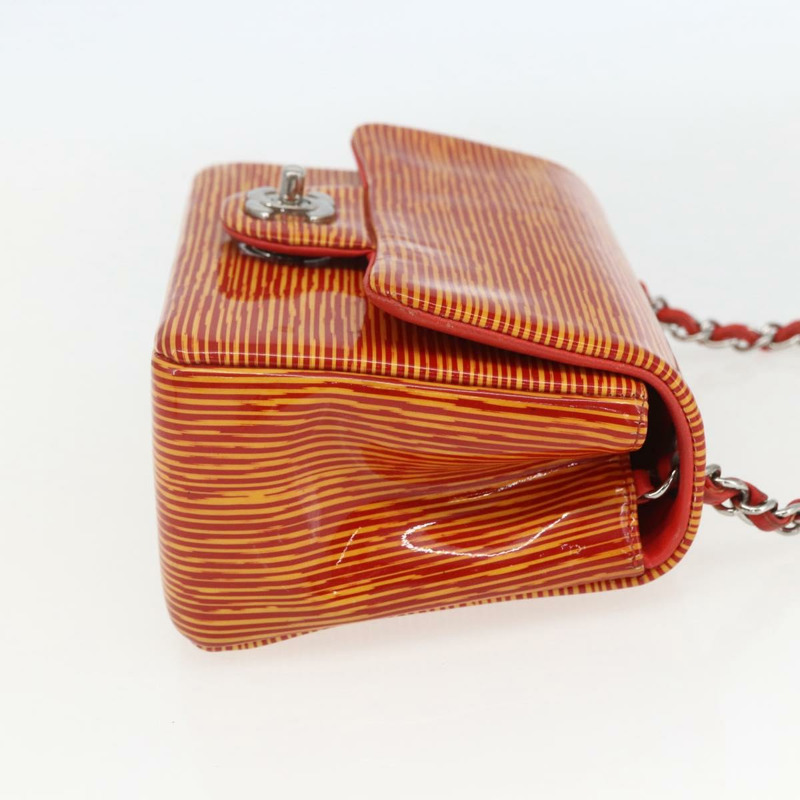 【日本直送】香奈兒鏈條單背包 漆皮 橘色 銀色 CC 標誌 Auth 157394V-3