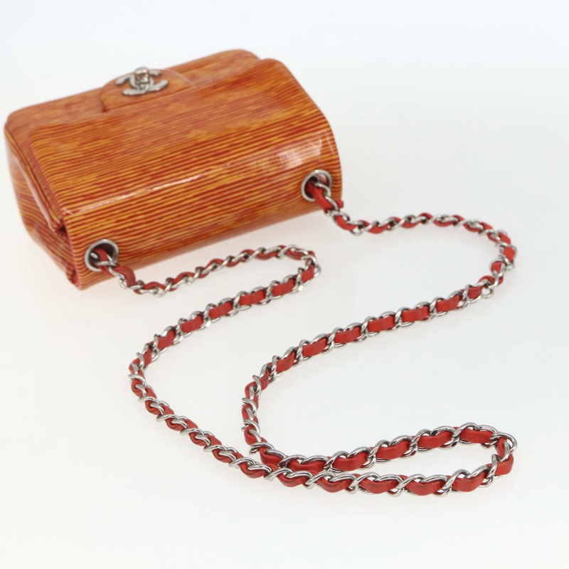 【日本直送】香奈兒鏈條單背包 漆皮 橘色 銀色 CC 標誌 Auth 157394V-6