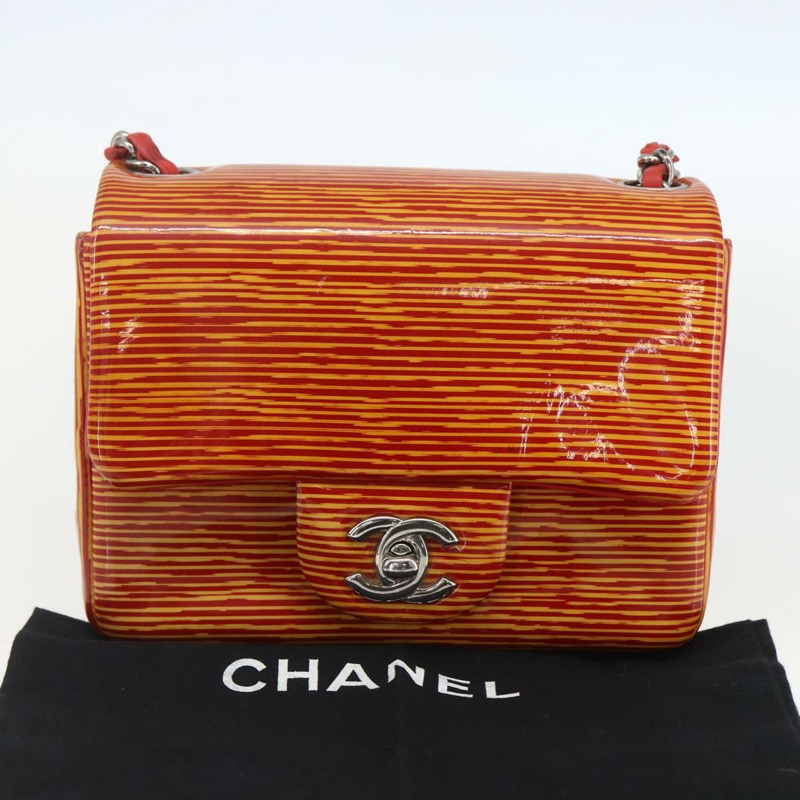 【日本直送】香奈兒鏈條單背包 漆皮 橘色 銀色 CC 標誌 Auth 157394V-11