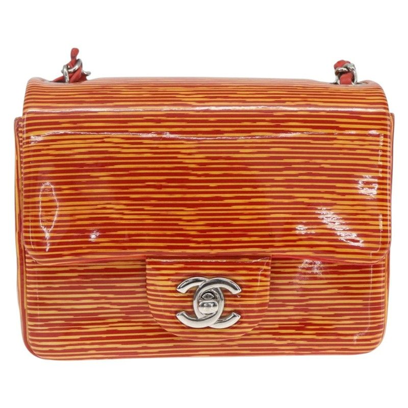 【日本直送】香奈兒鏈條單背包 漆皮 橘色 銀色 CC 標誌 Auth 157394V-12