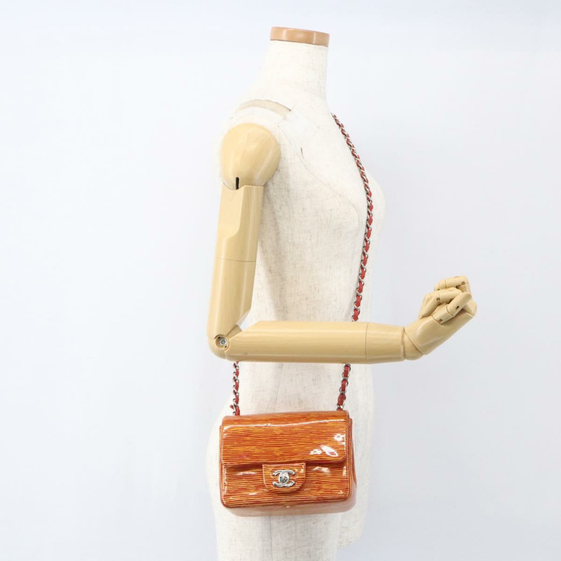 【日本直送】香奈兒鏈條單背包 漆皮 橘色 銀色 CC 標誌 Auth 157394V-23