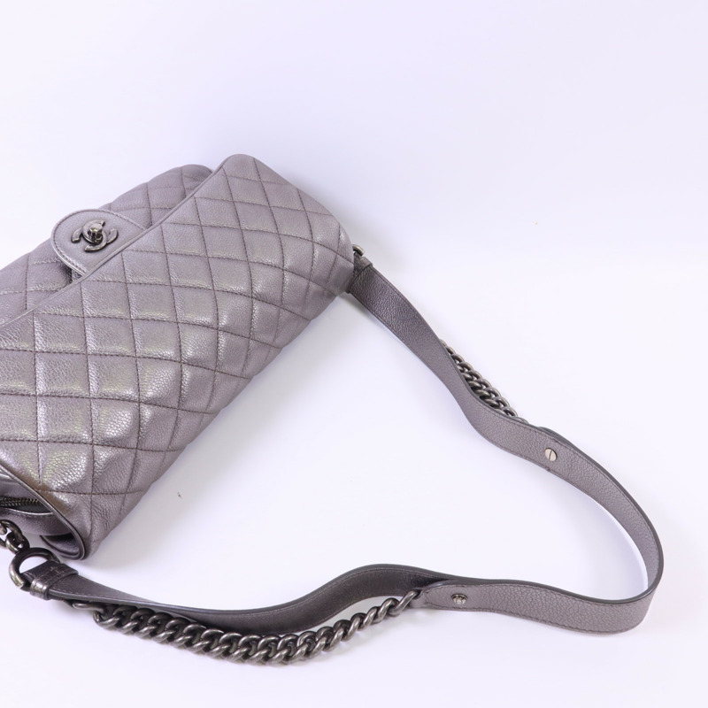 CHANEL 牛皮皮革Chain Shoulder銀扣鏈帶肩背袋-4