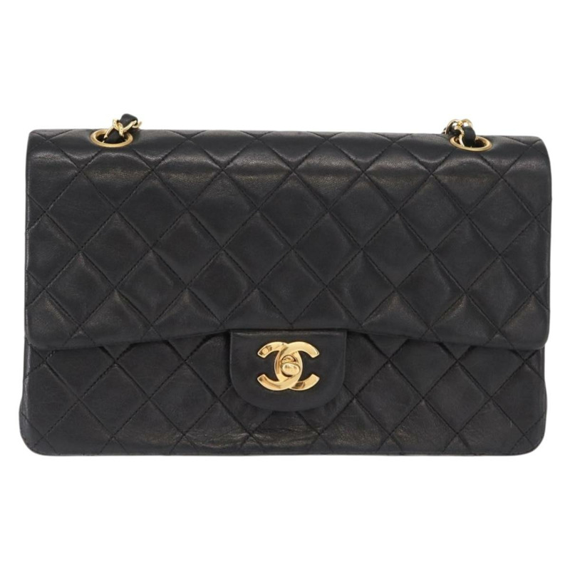 【日本直送】香奈兒 Matelasse 25 鏈條肩背包，羊皮材質，黑色，金色雙C標誌，正品編號 158907SAM-12