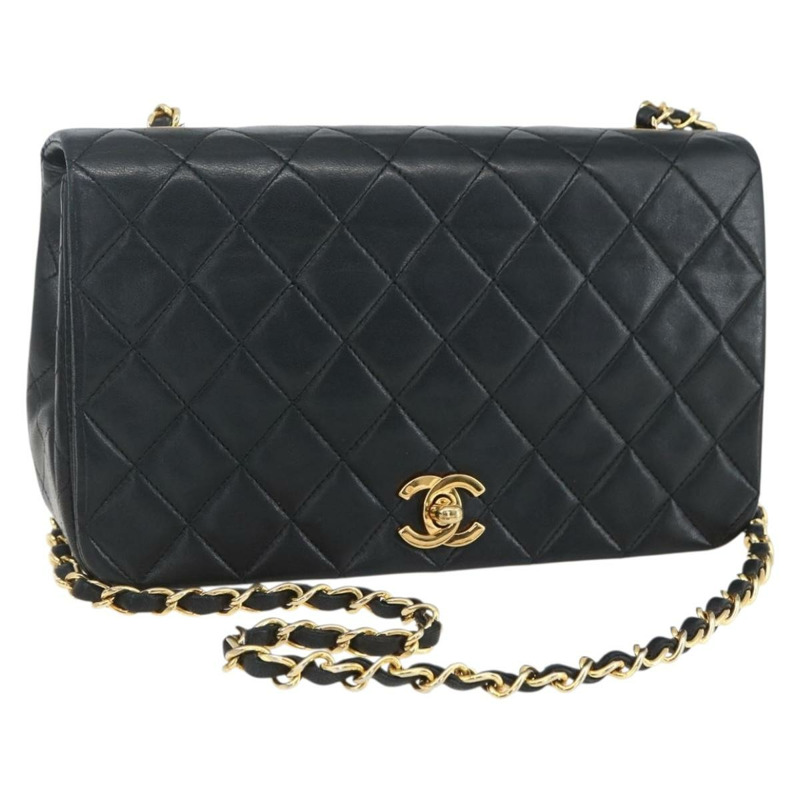 【日本直送】香奈兒 (CHANEL) 絎縫鏈條肩背包，羊皮材質，黑色，金色雙C標誌，正品編號 158000SAV-0