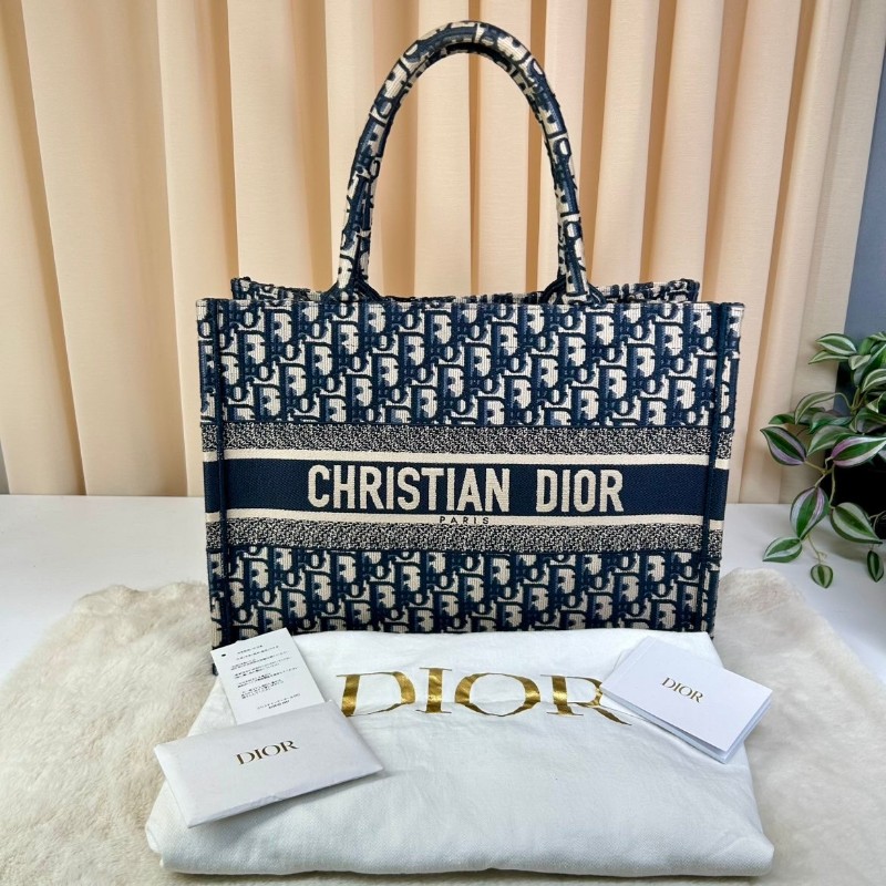 DIOR 老花滿印大容量 36cm刺繡托特包手提包牛仔藍色-0