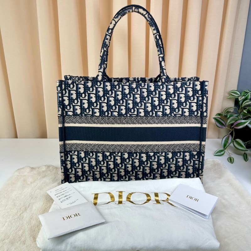 DIOR 老花滿印大容量 36cm刺繡托特包手提包牛仔藍色-1