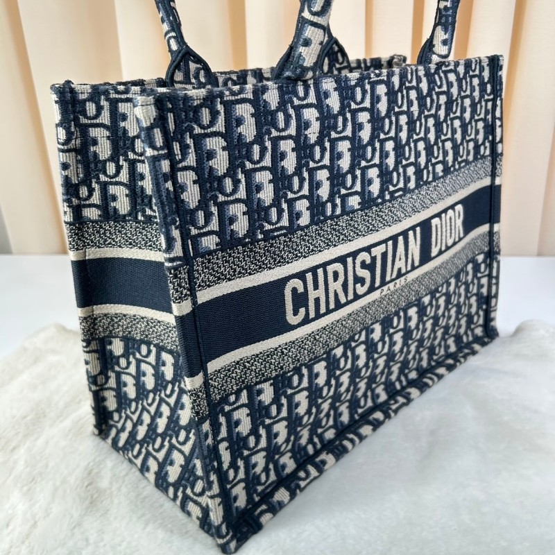 DIOR 老花滿印大容量 36cm刺繡托特包手提包牛仔藍色-8