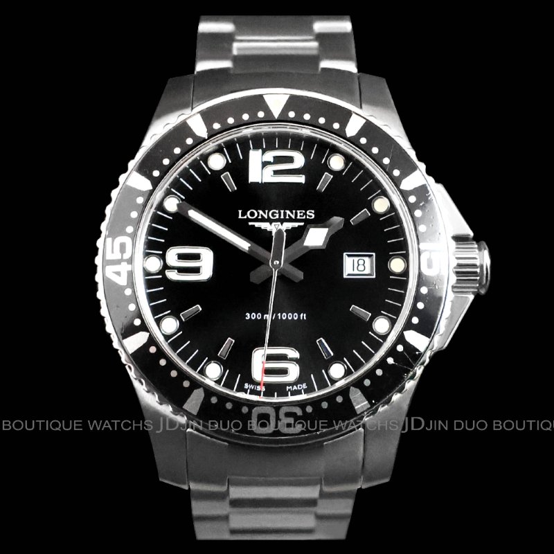 金鐸精品~W891 LONGINES 浪琴 深海征服者39mm黑色面盤石英男用潛水腕錶-0