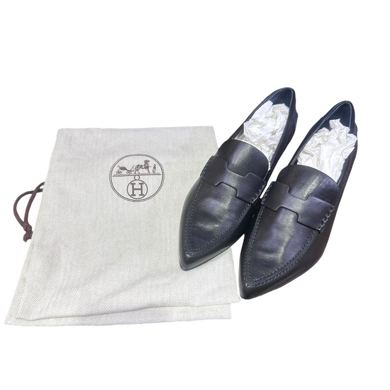 【美收精品】HERMES 黑色皮革肩頭跟鞋 4-673-12