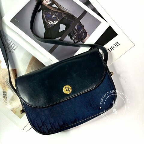 Dior 老花深藍帆布 x 皮革單肩包