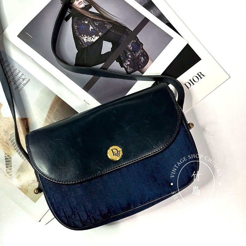 Dior 老花深藍帆布 x 皮革單肩包-0