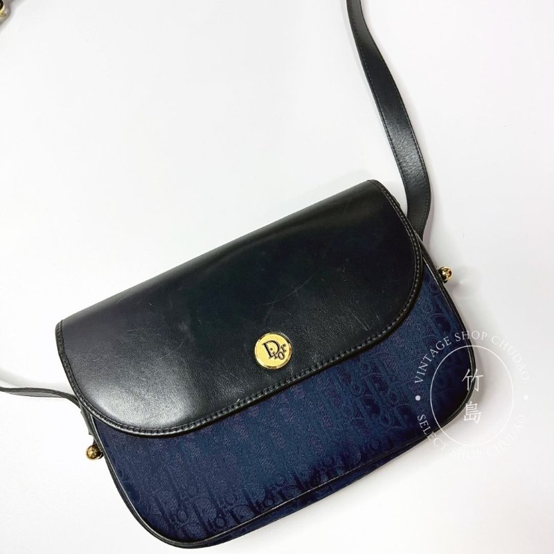 Dior 老花深藍帆布 x 皮革單肩包-7