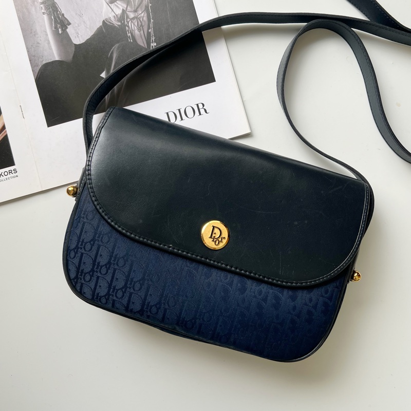 Dior 老花深藍帆布 x 皮革單肩包-6