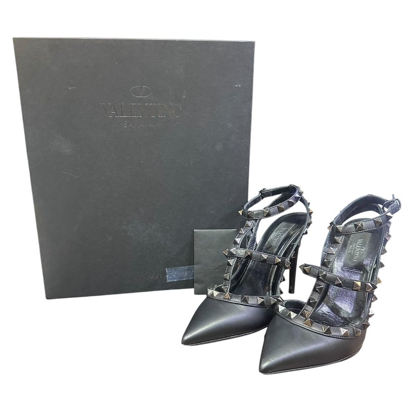 【美收精品】VALENTINO黑色鉚釘尖頭細根鞋 4-667-15