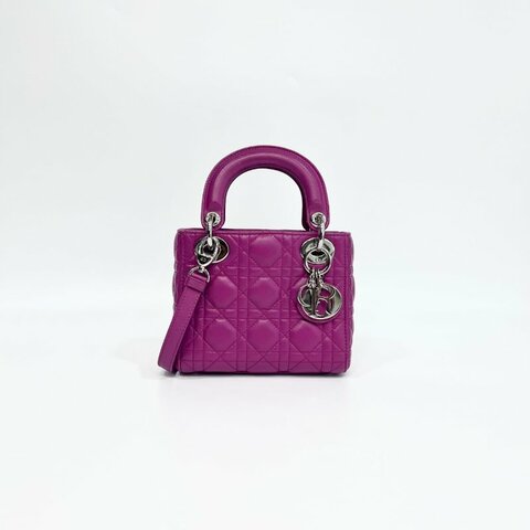 DIOR玫紅色3格銀釦Mini Lady Dior黛妃包