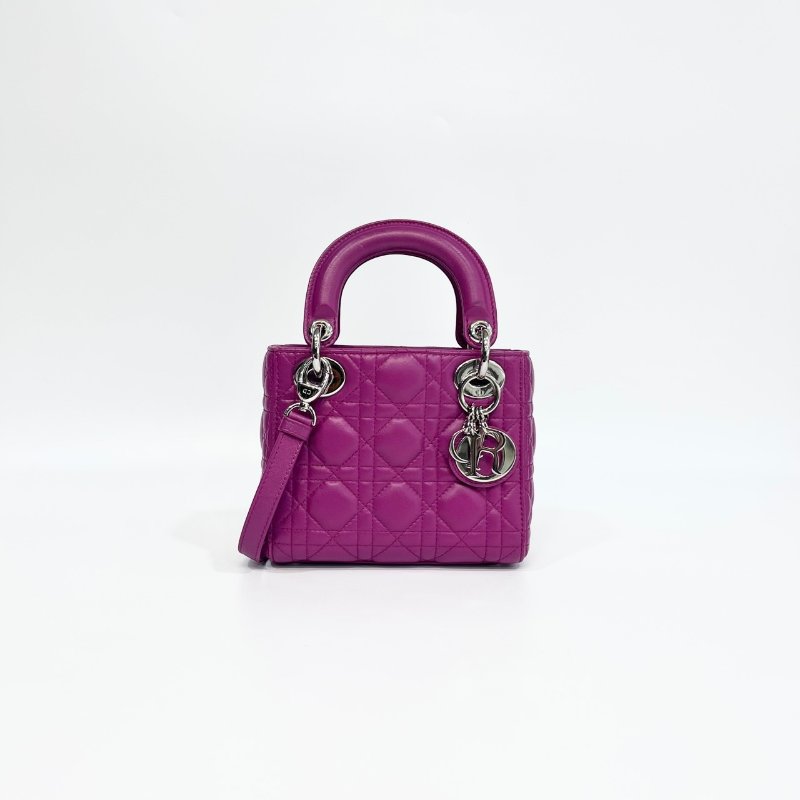 DIOR玫紅色3格銀釦Mini Lady Dior黛妃包-0