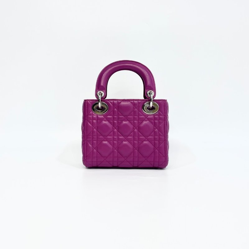 DIOR玫紅色3格銀釦Mini Lady Dior黛妃包-1