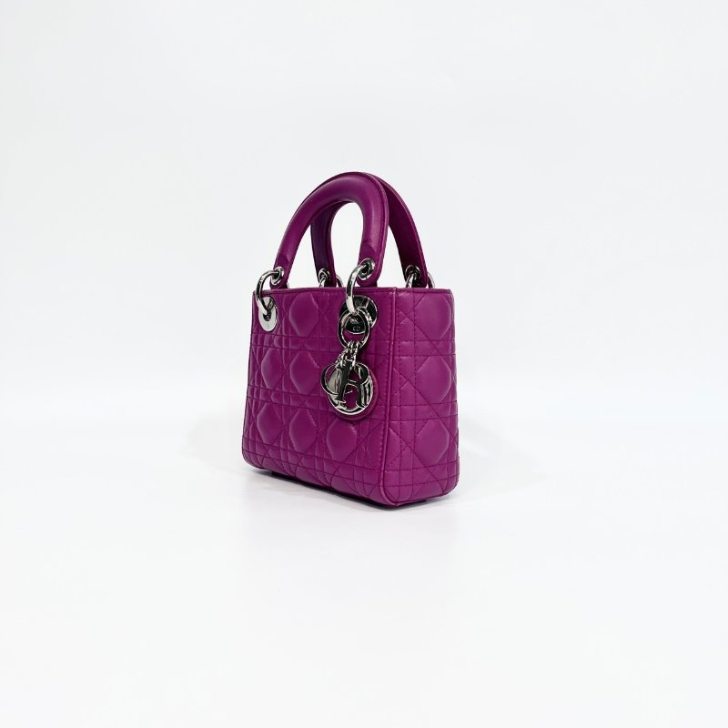 DIOR玫紅色3格銀釦Mini Lady Dior黛妃包-2