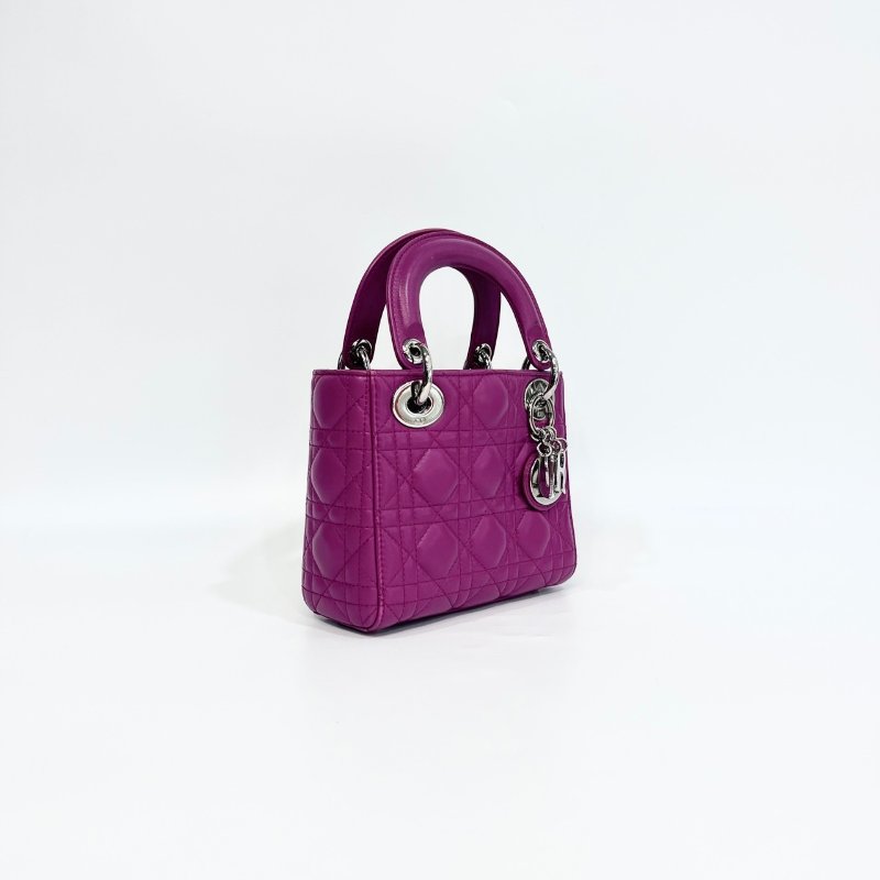 DIOR玫紅色3格銀釦Mini Lady Dior黛妃包-3