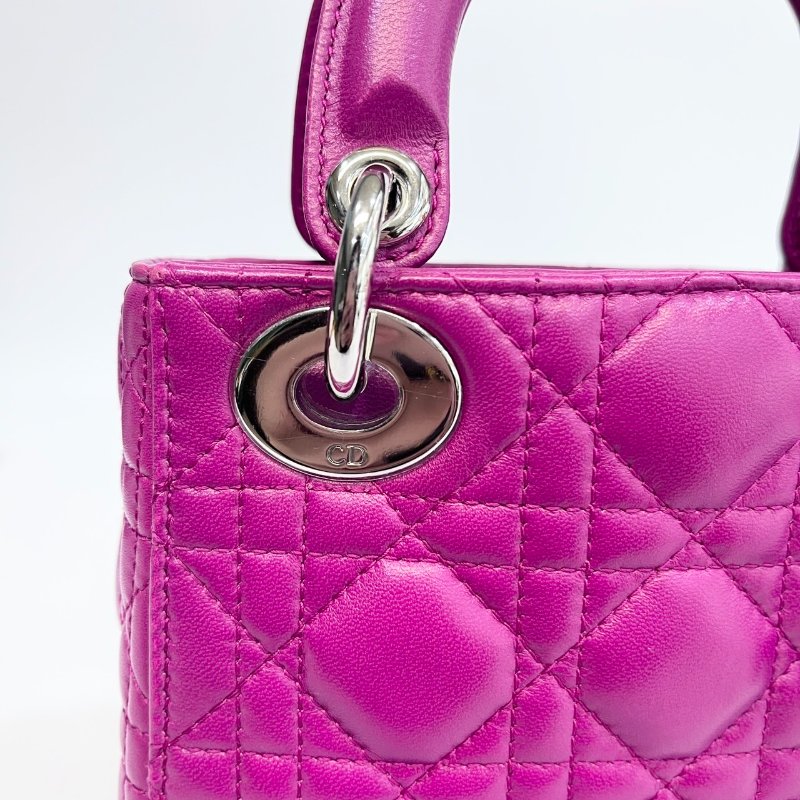DIOR玫紅色3格銀釦Mini Lady Dior黛妃包-11