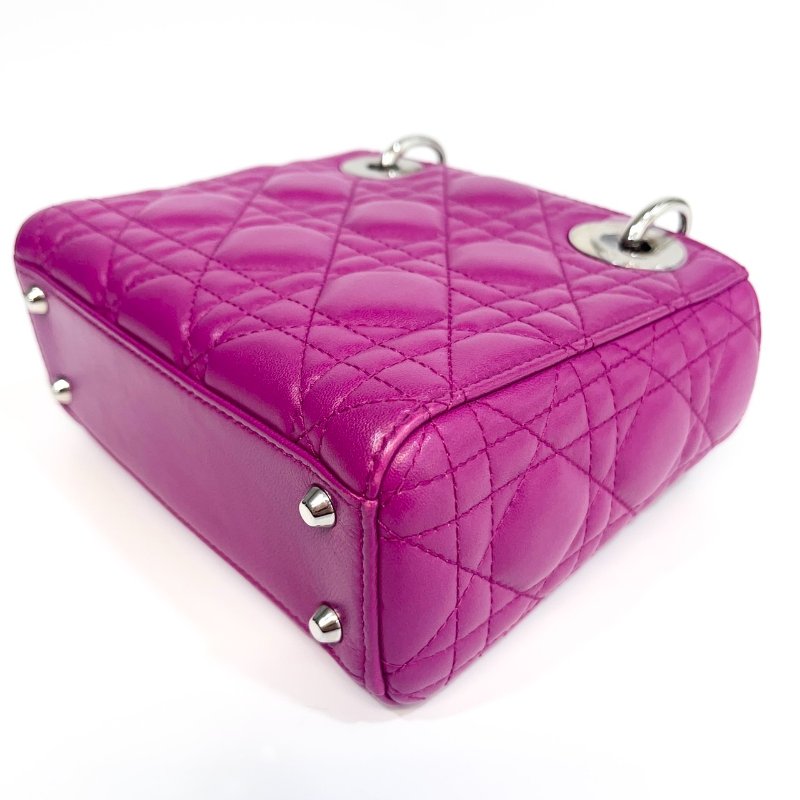 DIOR玫紅色3格銀釦Mini Lady Dior黛妃包-16