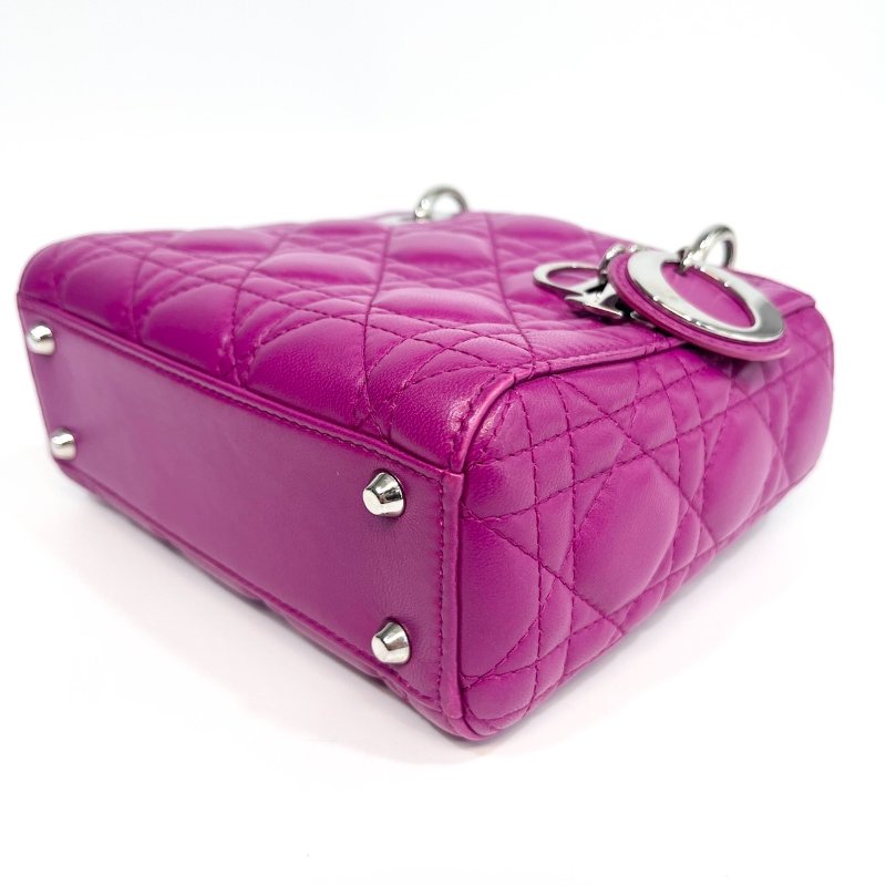 DIOR玫紅色3格銀釦Mini Lady Dior黛妃包-18