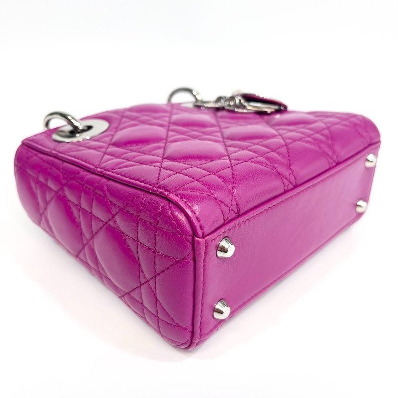 DIOR玫紅色3格銀釦Mini Lady Dior黛妃包-19