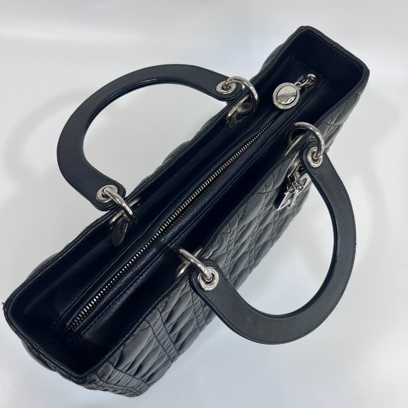 DIOR黑色羊皮銀釦Lady Dior Large7格黛妃包-7