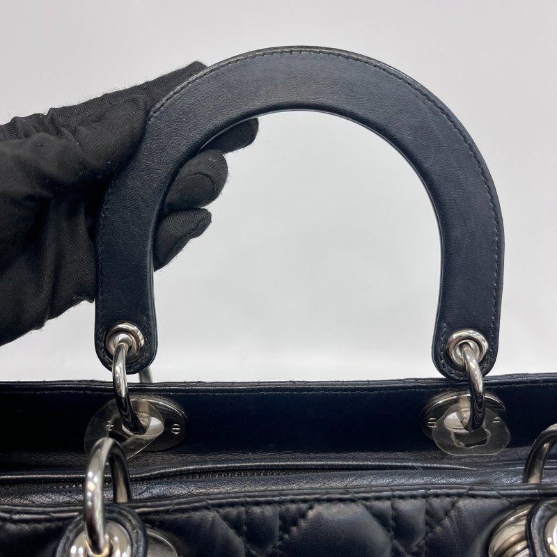 DIOR黑色羊皮銀釦Lady Dior Large7格黛妃包-20