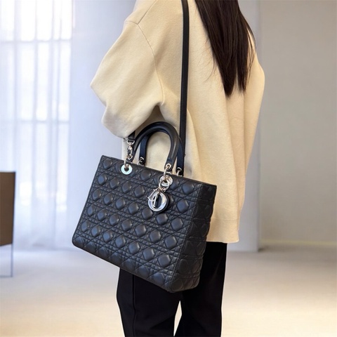 🖤迪奧Vintage黛妃DIOR黑色羊皮銀釦Lady Dior Large大號7格黛妃包