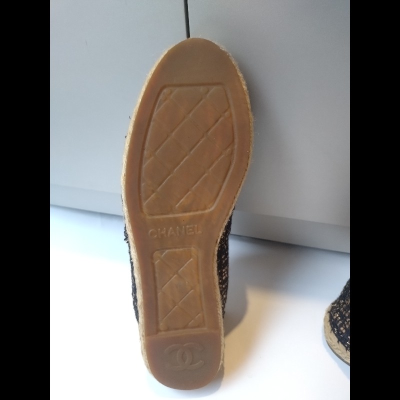 Chanel 黑底金色毛呢樂福平底鞋-13
